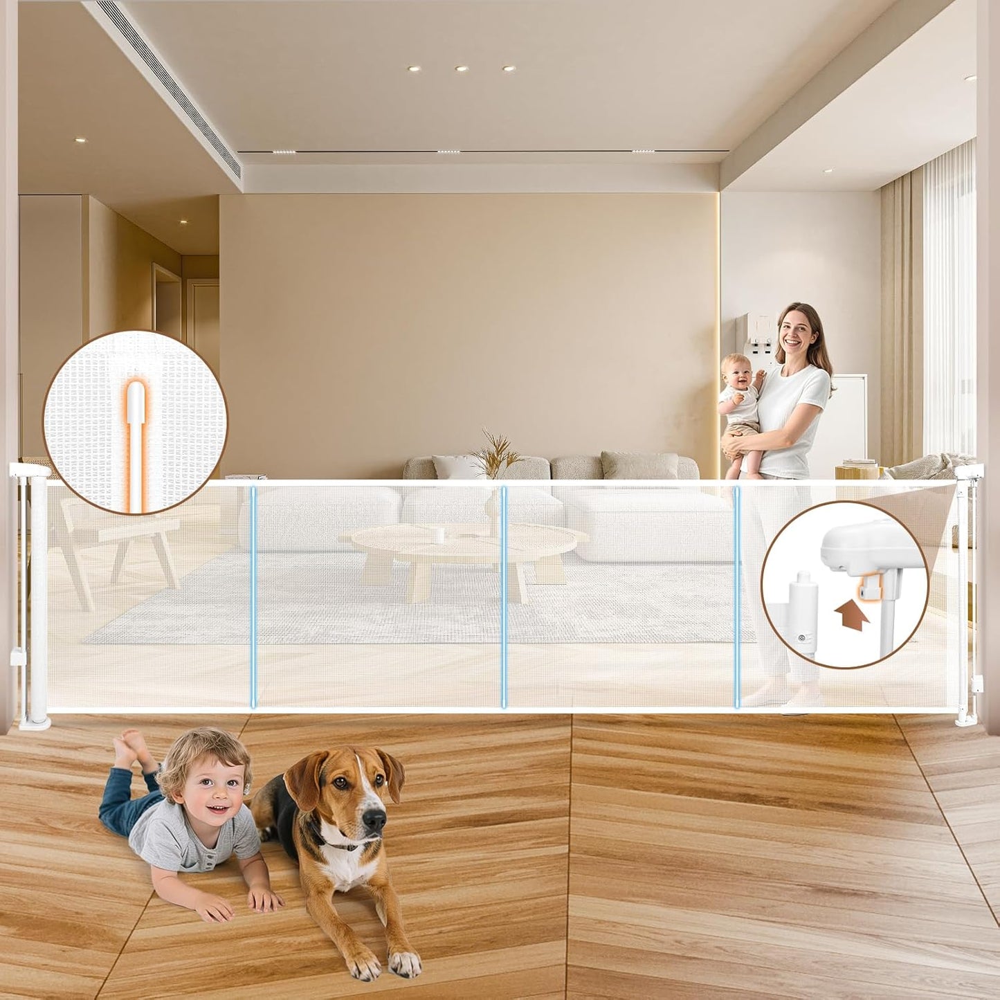 236" Retractable Baby Gate Extra Wide, 41" Tall Retractable Dog Gate for Stairs, Doorways, Decks, Mesh Gate Long Child Gate Pet Gate for Indoor, Outdoor, with Reinforced Mesh Rods, Dual Locks