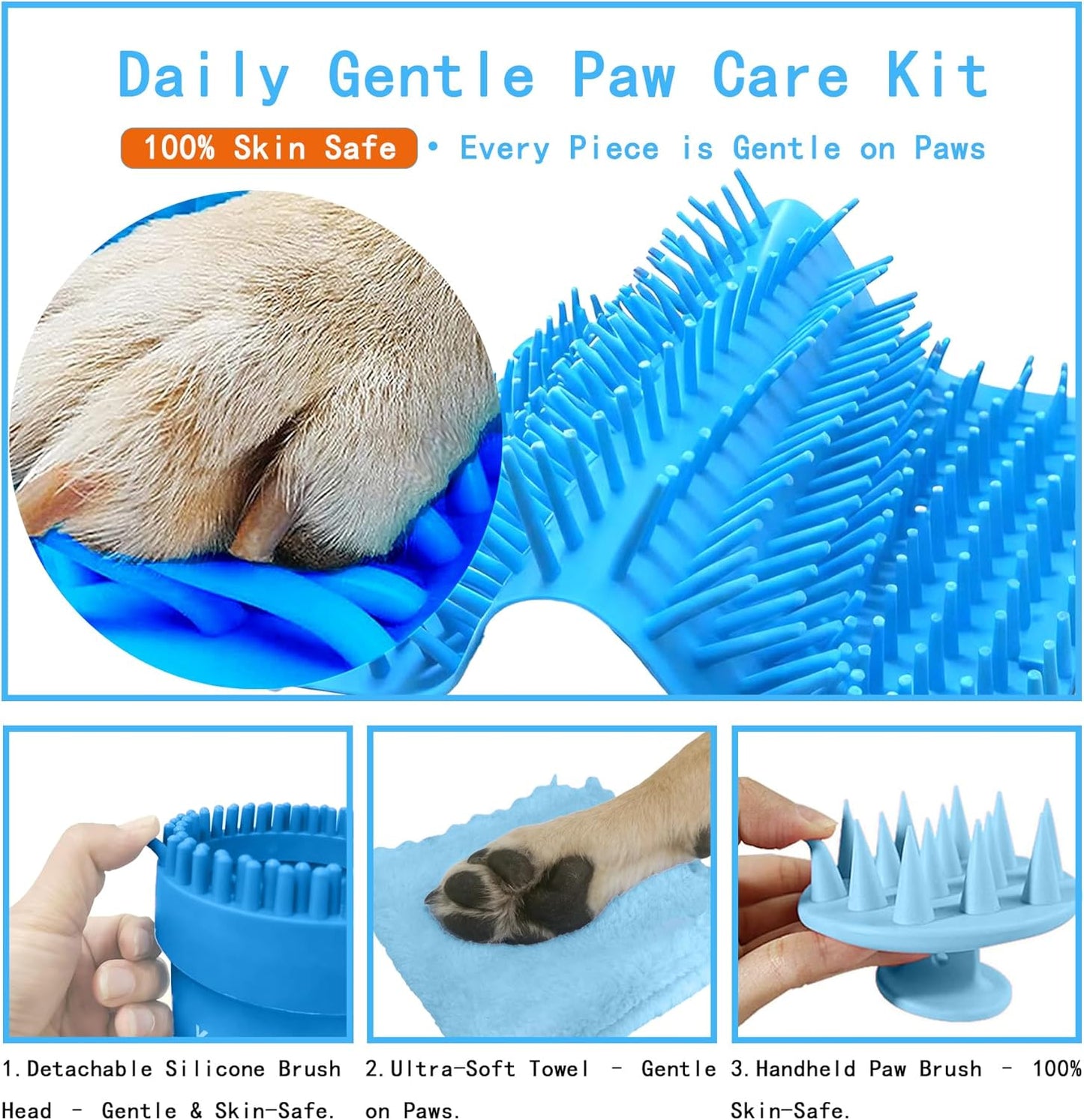Dog Paw Cleaner Kit for L/XL Dogs - Quick Clean No Full Bath, 2-in-1 Paw Wash Cup with Detachable Silicone Brush Head, Includes Bath Brush & 3 Absorbent Towels, Blue