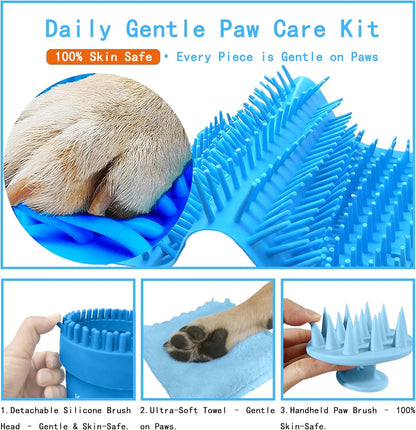 Dog Paw Cleaner Kit for L/XL Dogs - Quick Clean No Full Bath, 2-in-1 Paw Wash Cup with Detachable Silicone Brush Head, Includes Bath Brush & 3 Absorbent Towels, Blue