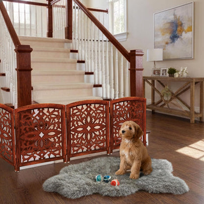 Croft&Cane Wooden Foldable Pet Dog Safety Gate – 3 Panel Freestanding Indoor Pet Fence (20 inches W x 24 inches H) – Hand-Carved Solid Wood & MDF – Fully Assembled - Antique Brown