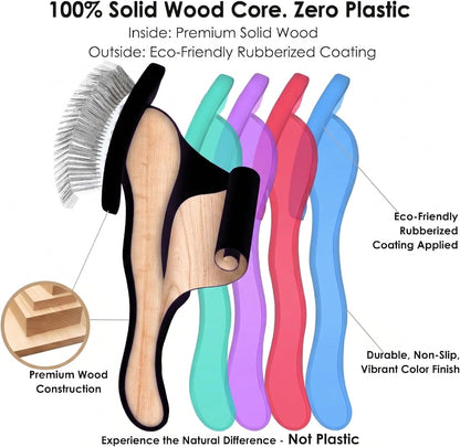 Slicker Brush for Dogs, Large Dog Grooming Brush for Doodles Goldendoodles Poodles Labradoodle Bernedoodles, Long Combs to Wavy & Curly Hair - Wooden Handle 3 Pcs - Nature