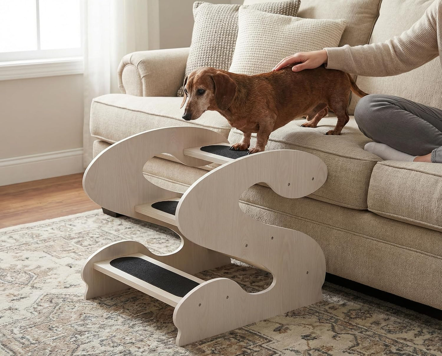 Wooden Dog Stairs Steps for Bed,3Steps,Small or Senior Dogs for Pet LUNDERLAND Design,16¾"Wx23¼Dx19⅜H RedWalnutWood GrainPattern