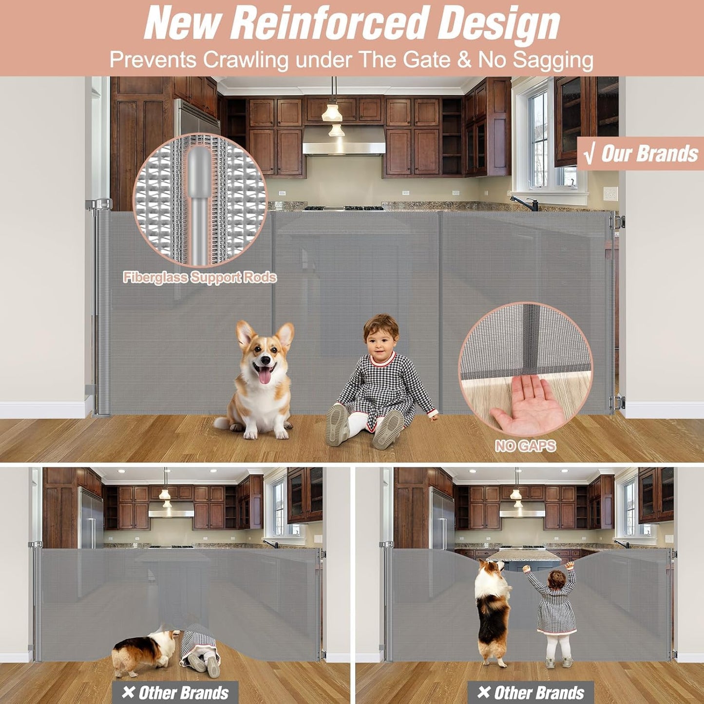 Reinforced 42" Tall Retractable Dog Gate, 155" Extra Long Retractable Baby Gate with Support Rods - Prevent Crawling Under, Indoor/Outdoor Retractable Gate Extra Tall Baby Gate Retractable Fence/Black