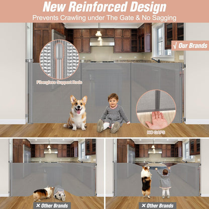 Reinforced 42" Tall Retractable Dog Gate, 155" Extra Long Retractable Baby Gate with Support Rods - Prevent Crawling Under, Indoor/Outdoor Retractable Gate Extra Tall Baby Gate Retractable Fence/Black