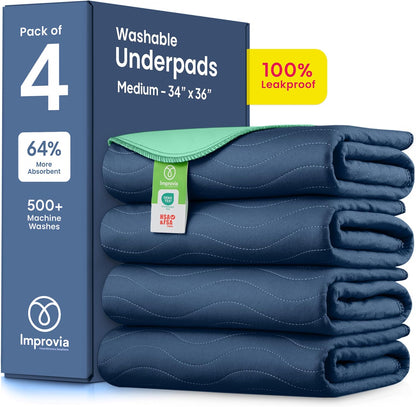 IMPROVIA® Washable Underpads, 34" x 36" (Pack of 4) - Heavy Absorbency Reusable Bedwetting Incontinence Pads for Kids, Adults, Elderly, and Pets - Waterproof Protective Pad for Bed, Couch, Sofa, Floor