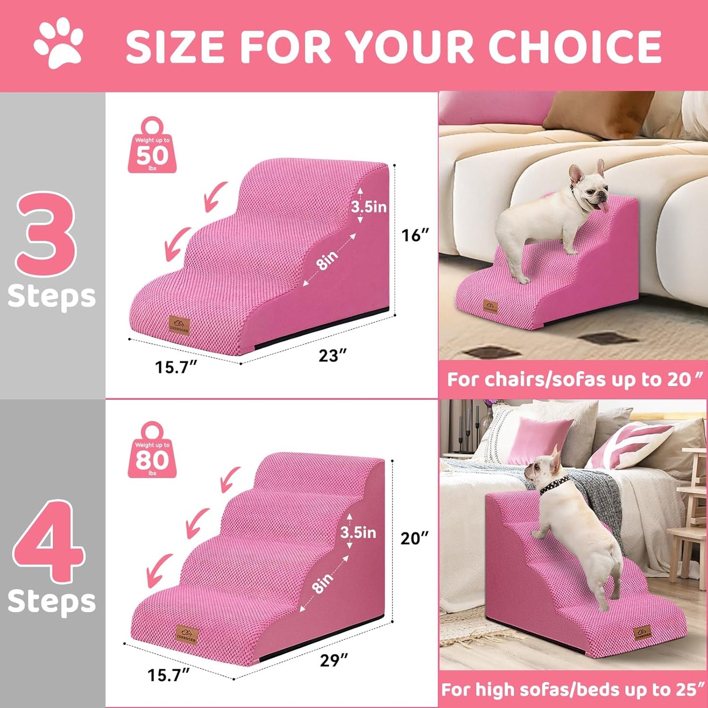 Zerbuger Dog Ramp and Stair for Bed 16" H-20 H,3-Step Cat Stair for Sofa and Chair,4-Step Dog Ramp for High Bed and Window,Durable Nonslip Fabric Cover for Indoor (Coffee-16 H, Pet Friendly, 3)