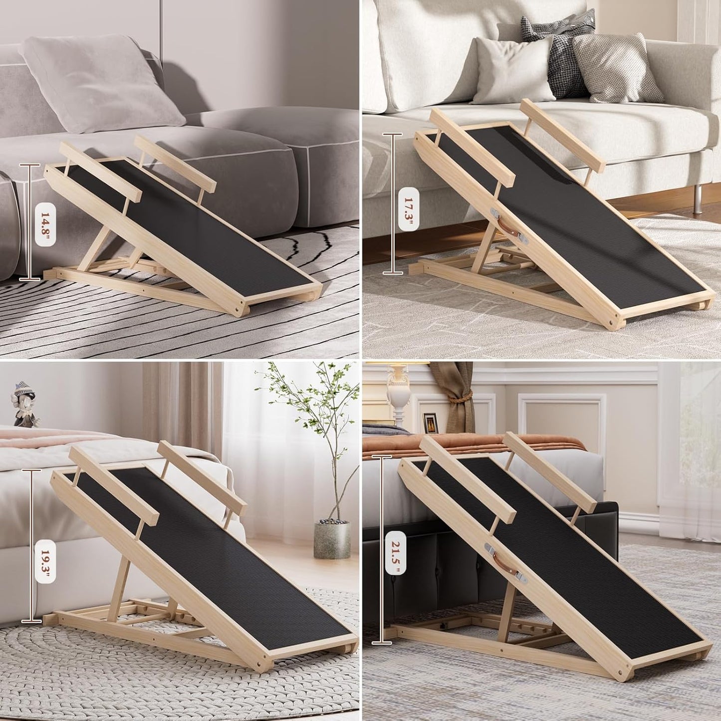Dog Ramp for High Bed, Couch, Car, Pet Ramps 55.12" Long Adjustable 19.3"-27.17" Wooden Dog Step with Anti-slip Rubber Mat & Safety Side Rails for Small Medium Large Older Pets, up to 250 lbs