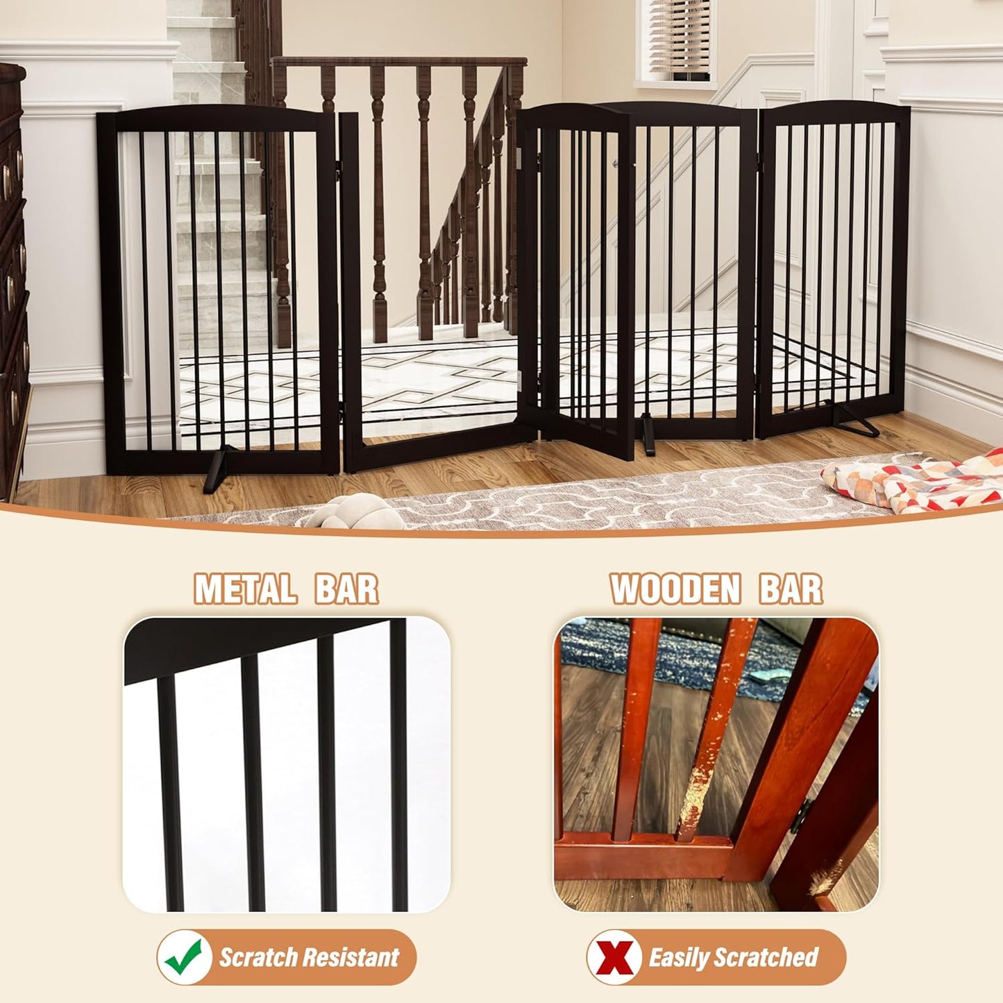 PUPETPO Freestanding Dog Gate with Door, Pet Gate for Stairs, 80 inch Wide Pet Barrier Indoor, Dog Fences Indoor, Support Feet Included, 4 Panels, 24" Tall, Dark Brown