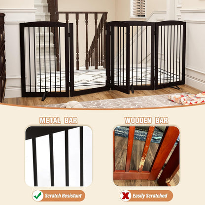 PUPETPO Freestanding Dog Gate with Door, Pet Gate for Stairs, 80 inch Wide Pet Barrier Indoor, Dog Fences Indoor, Support Feet Included, 4 Panels, 24" Tall, Dark Brown
