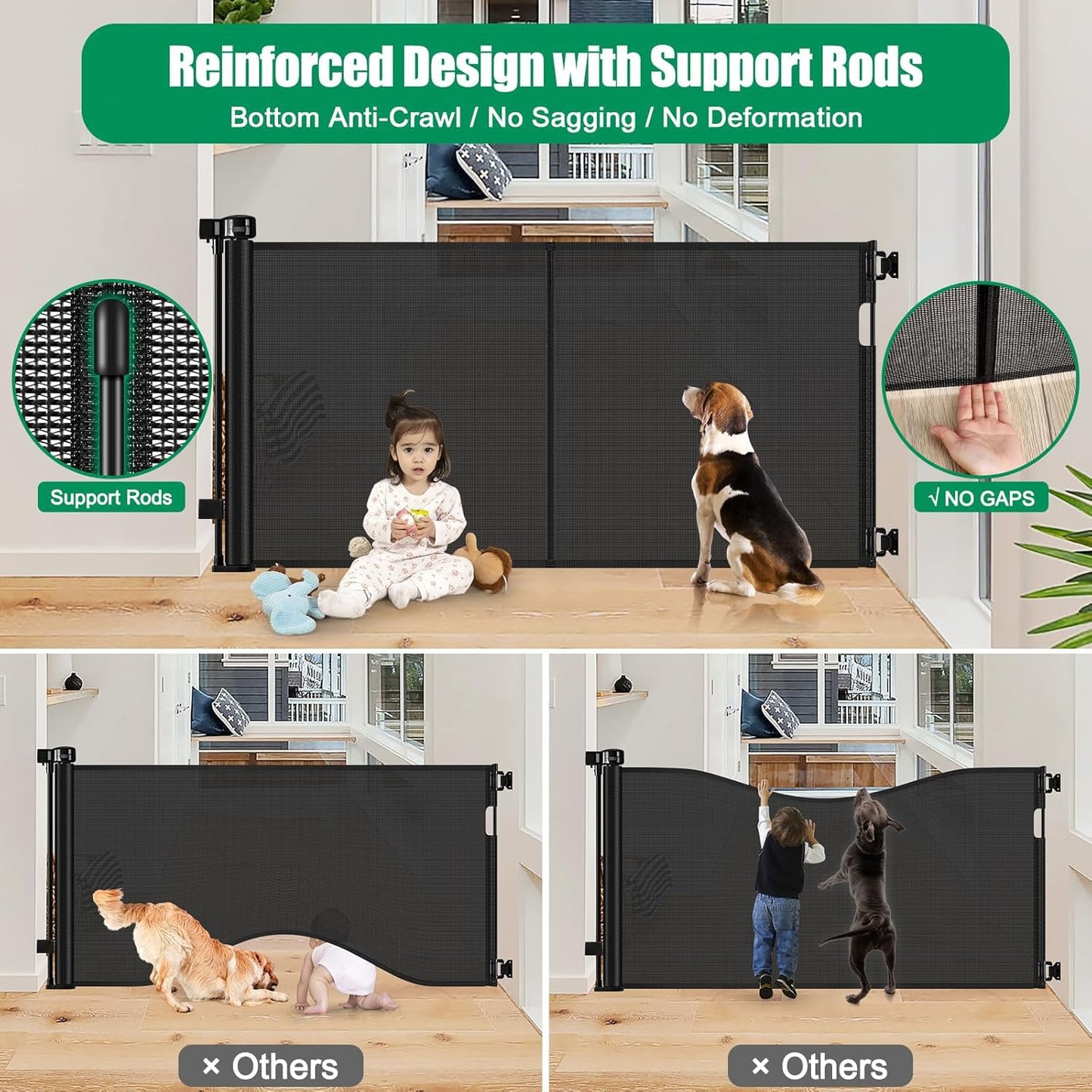Reinforced 85 Inch Wide Retractable Dog Gate Extra Long Baby Gate with Support Rods – Prevent Crawling Under, Indoor Extra Wide Retractable Baby Gate Retractable Gate Outdoor Gates for Decks, White