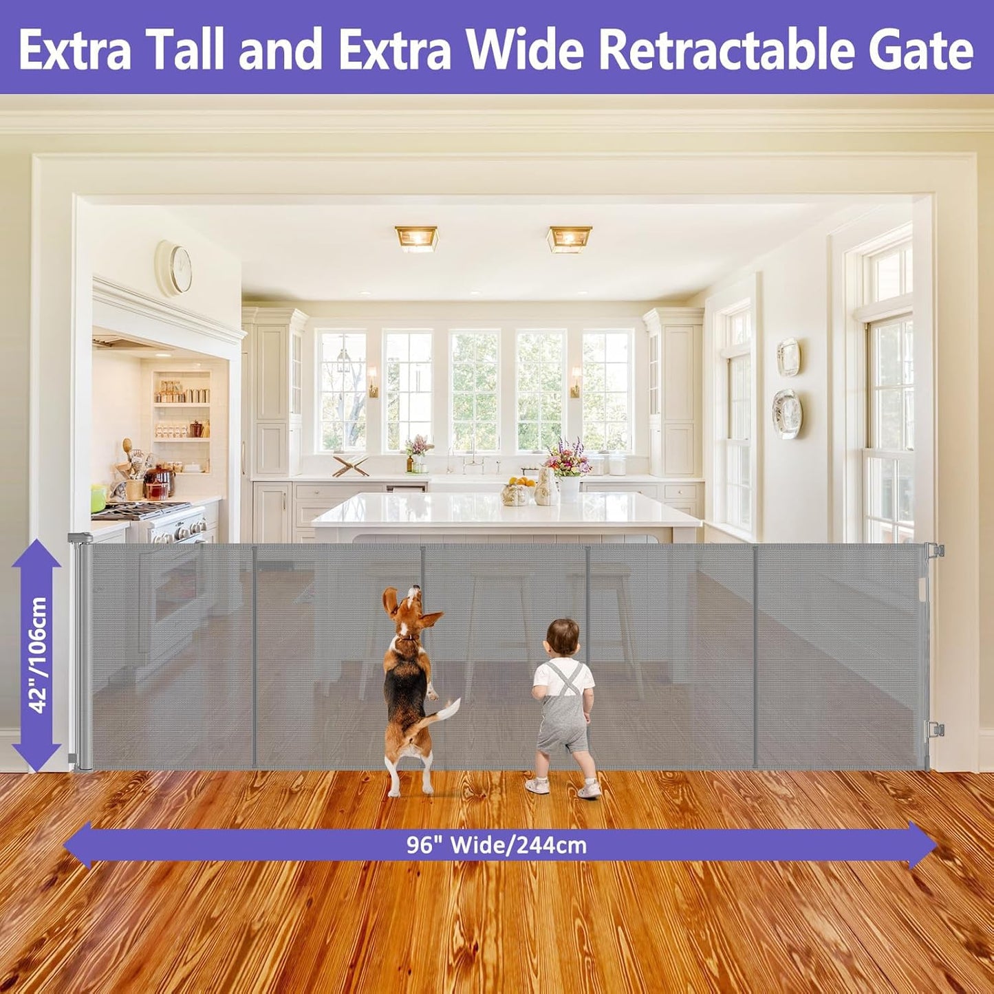 Reinforced 42" Tall Retractable Dog Gate, 155" Extra Long Retractable Baby Gate with Support Rods - Prevent Crawling Under, Indoor/Outdoor Retractable Gate Extra Tall Baby Gate Retractable Fence/Black