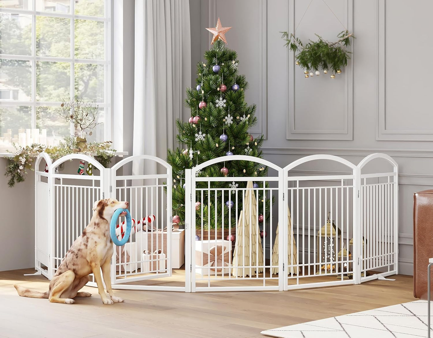 Folding No-Assembly Metal Freestanding Dog Gate with Door Walk Through,32" Height Pet Fence,144" Extra Wide Accordion Puppy Folding Playpen for Doorways,House,Stairs (6 Panels,White)