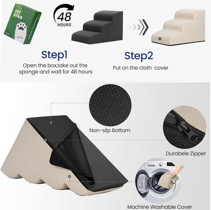 GoGoBunny Ramp Dog Stairs for Couch Sofa and Chair 15.7" H, 3-Step Pet Steps for Small Dogs and Cats, Non-Slip Waterproof Fabric Cover, Stable and Balanced Indoor Step, Pets Friendly, Grey