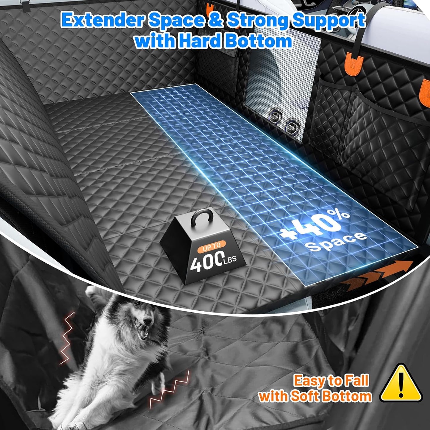 Dog Car Seat Cover for Back Seat with Hard Bottom,Waterproof Back Seat Extender for Dogs,Dog Hammock Dogs Bed for Cars, SUVs,Pet Seat Cover for Back Seat Holds 400lbs with Mesh Window & Pocket