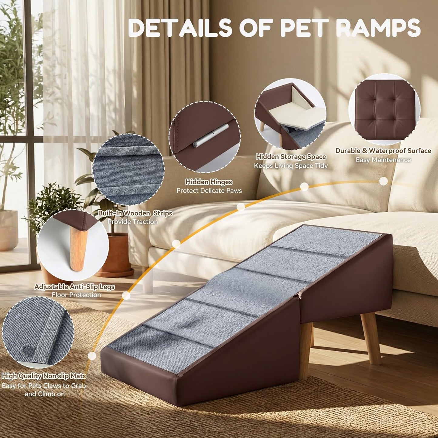 Dog Ramp for Small Dogs, 15.7" H 3-in-1 18.5" Extra Wide Foldable Ottoman & Hidden Storage Design Dog Stairs for Couch Sofa, Non-Slip Pet Steps for Puppy Senior Injured Dogs (White)