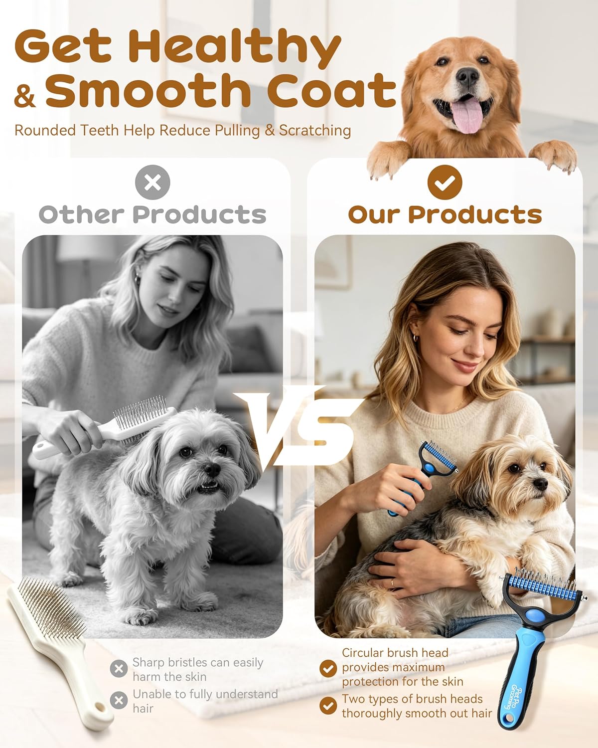 Tool, 2-In-1 Double-Sided Grooming Tool, Deshedding Dog Brush, Pet Shedding Remover Rounded-Tooth Comb For Painlessly Removing Knots And Loose Hair (Blue-Large)
