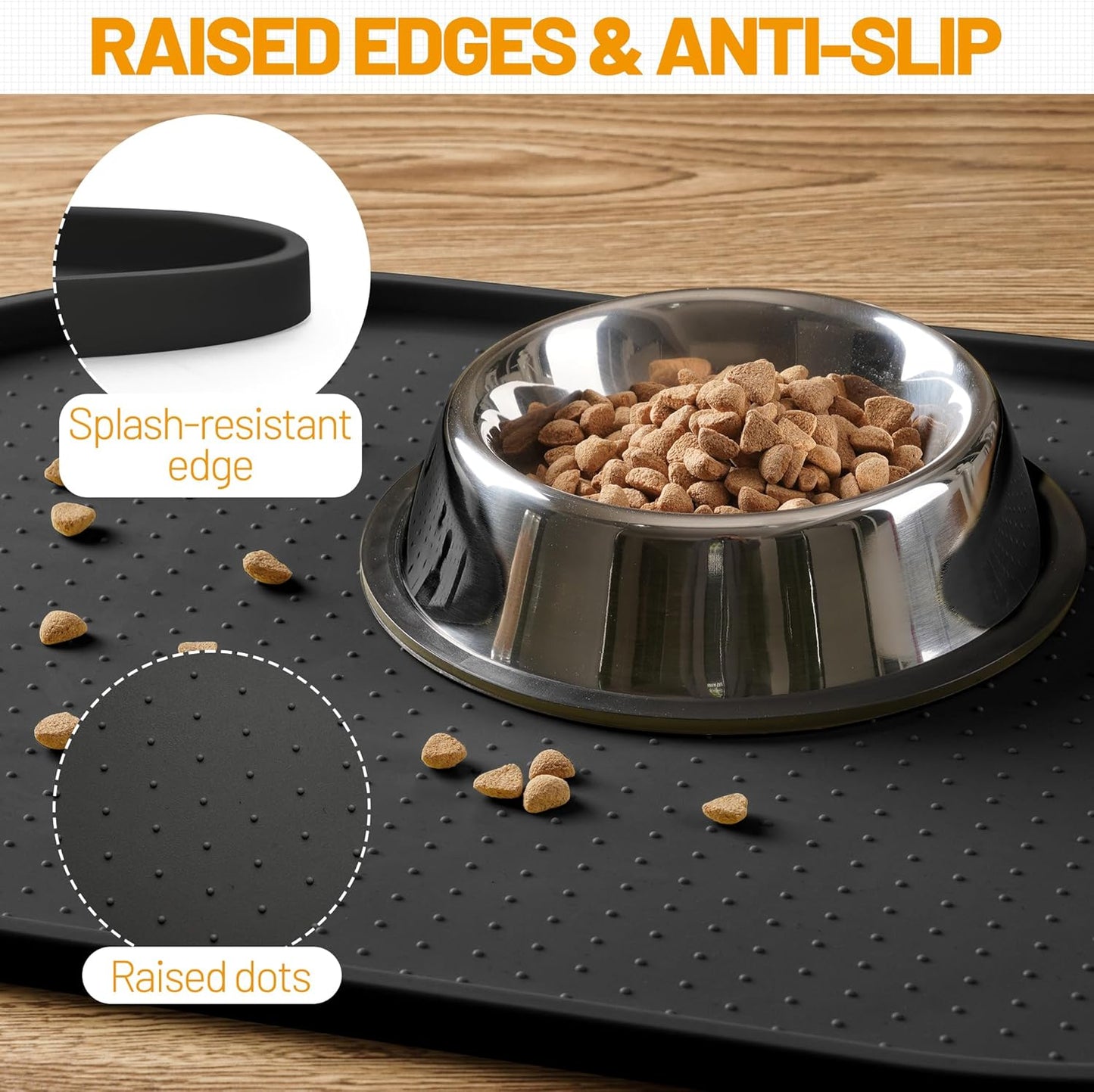 Hubulk 100% Waterproof Silicone Pet Feeding Mat with Raised Edge for Food and Water, Dog Bowl Mats, Cat Bowls Placemat with High Lip Protects Floor for Cats and Dogs (Gray, 19" L x 12" W)