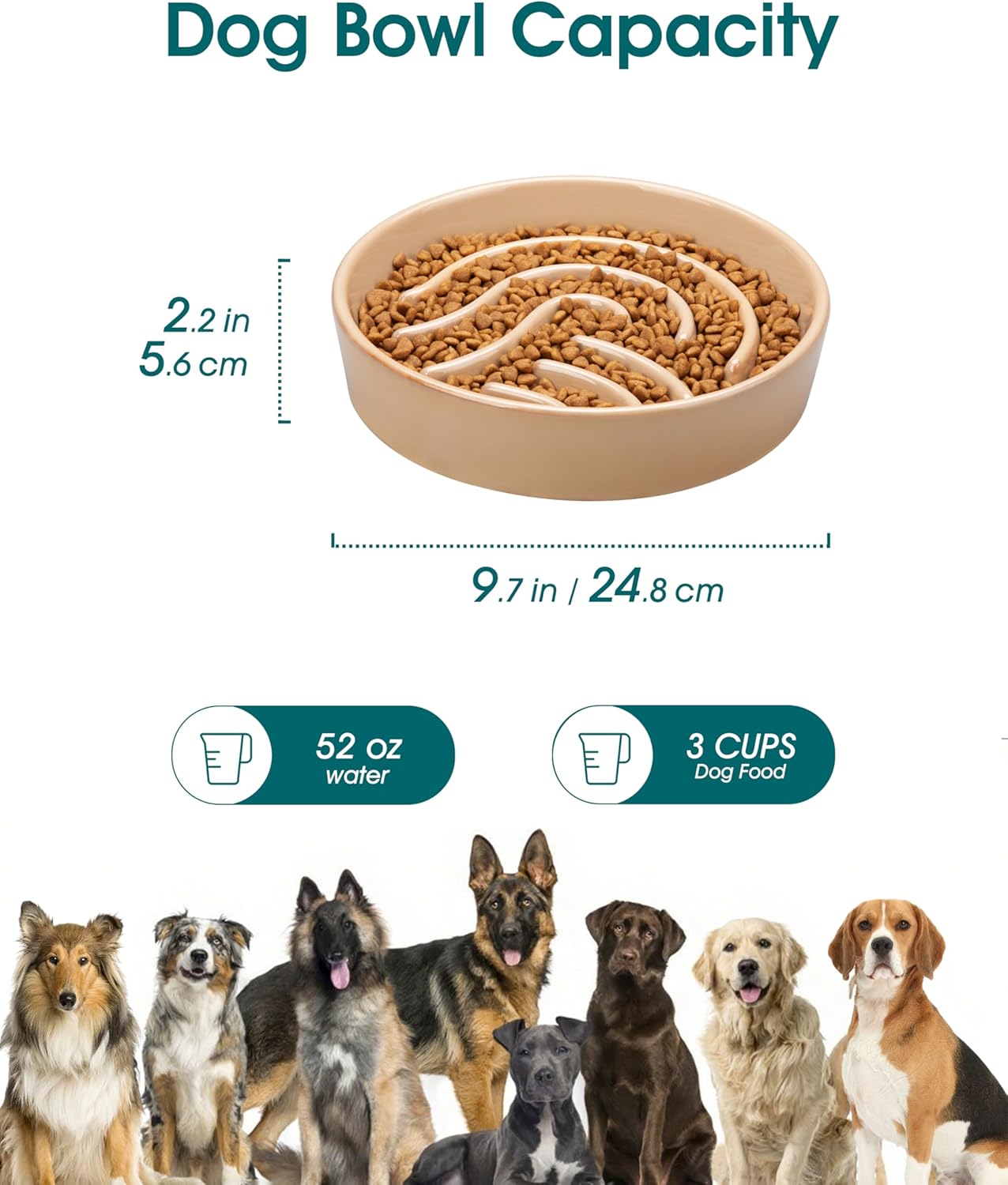 vancasso Slow Feeder Dog Bowl, 1.5 Cup Ceramic Slow Feeding Food Dish for Small and Medium Breed, Puzzle Dog Food Bowl for Fast Eater, Pink