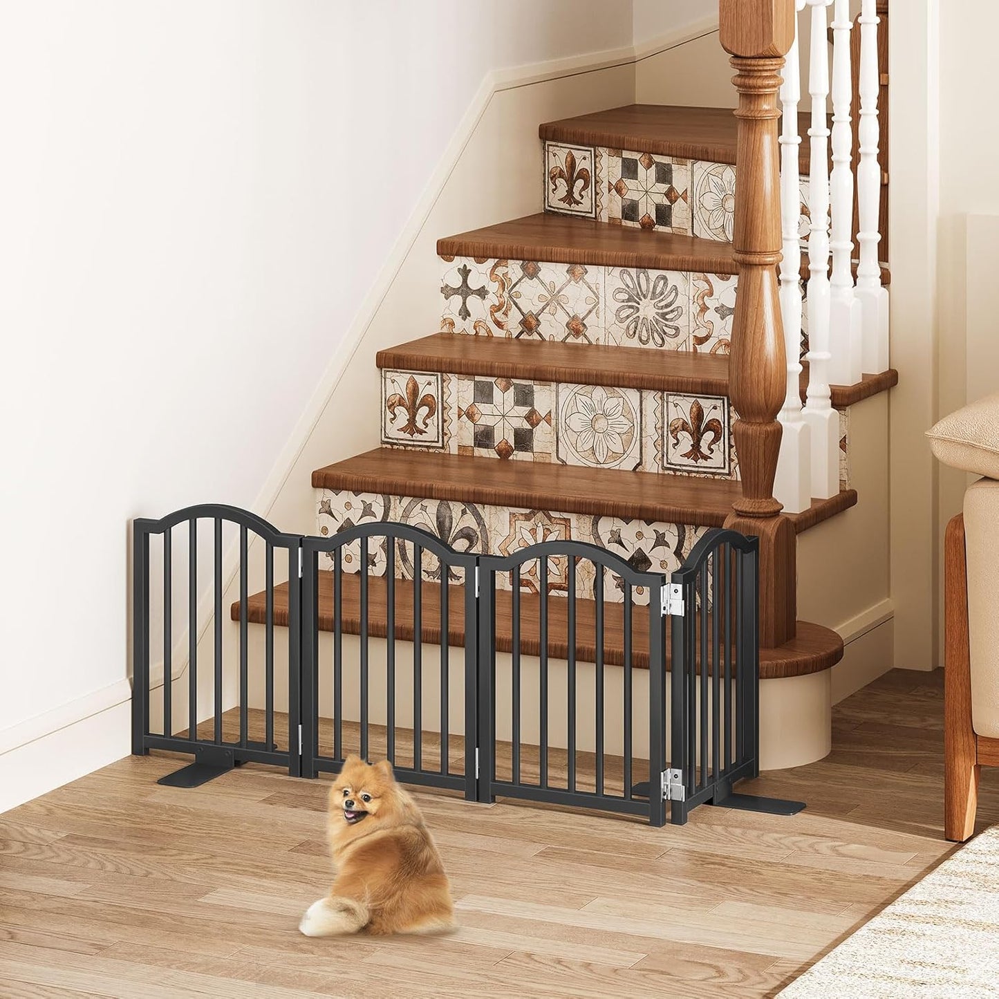 Snughome Short Dog Gate Indoor, 16" High Freestanding Small Dog Door Gates with Support Feet, Expands Up to 48’’ Wide Foldable Pet Gate for Doorway, 4 Panel Folding Pet Door Pet Fence for Puppy, White
