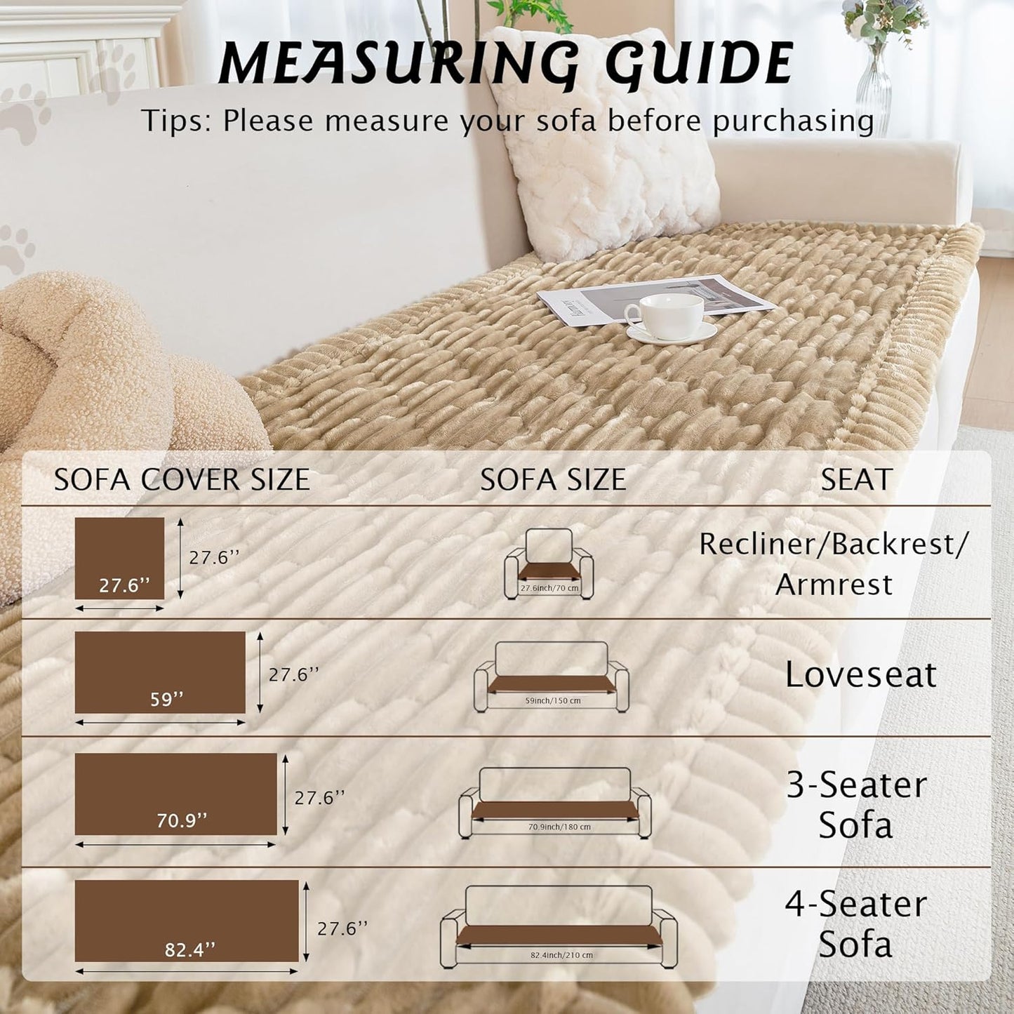 PuTian 100% Waterproof Fuzzy Couch Cover for Dogs Washable Non-Slip Furniture Cover Pet Friendly Dog Mat for Couches and Sofas White 27.6''x59'' 70cmx150cm