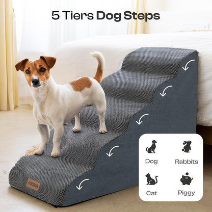 Dog Stairs for High Beds Up to 30", Extra-Tall 5-Step Dog Steps for Bed, 24.5" Tall Foam Pet Stairs for Small & Medium Dogs, Gentle Slope Cat Ramp for Bed with Washable Cover