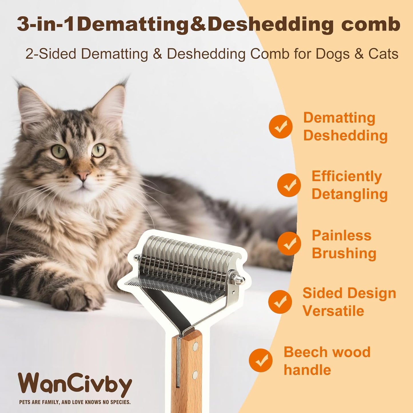 Undercoat Rake Pet Brush with Square Handle, Premium Dematting Comb & Cat Dog Shedding Tool, Efficient Grooming Brush for Detangling Mats & Loose Fur, Ideal for Large Medium Small Dogs and Cats