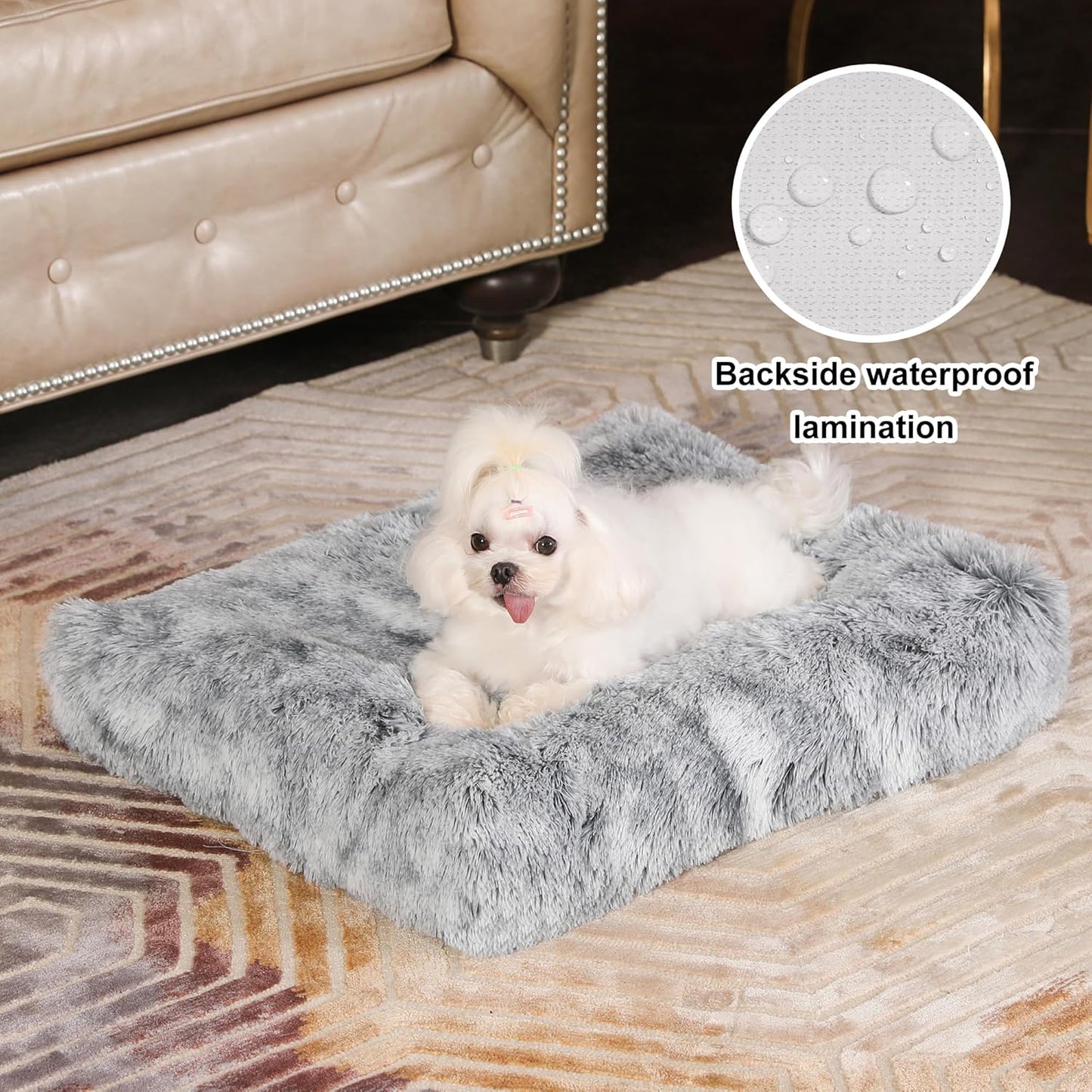 Bedfolks Waterproof Dog Crate Bed, Plush With Removable Washable Cover, Faux Fur Crate Pad for Medium Dogs, Fluffy Kennel 29"x21", Dark Grey