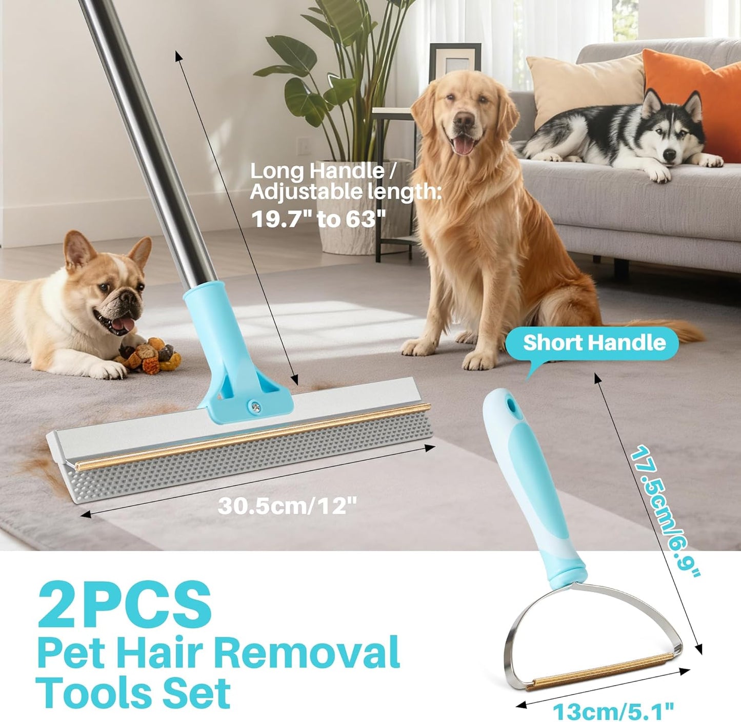 JOYMOOP Carpet Rake for Pet Hair Removal, 63" Adjustable Long Handle Pet Hair Removal Tool, Cat Dog Hair Carpet Rake with Metal and Silicone Scraper for Carpet, Sofa, Cloth