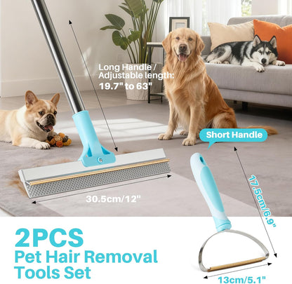 JOYMOOP Carpet Rake for Pet Hair Removal, 63" Adjustable Long Handle Pet Hair Removal Tool, Cat Dog Hair Carpet Rake with Metal and Silicone Scraper for Carpet, Sofa, Cloth