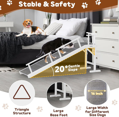Onelike Wooden Dog Ramp for Bed with Removable Side Rail and Non-Slip Carpet, Stable Pet Ramp Stair for Couch Sofa for Small & Large & Senior Dogs, 74" Long Ramp Brown