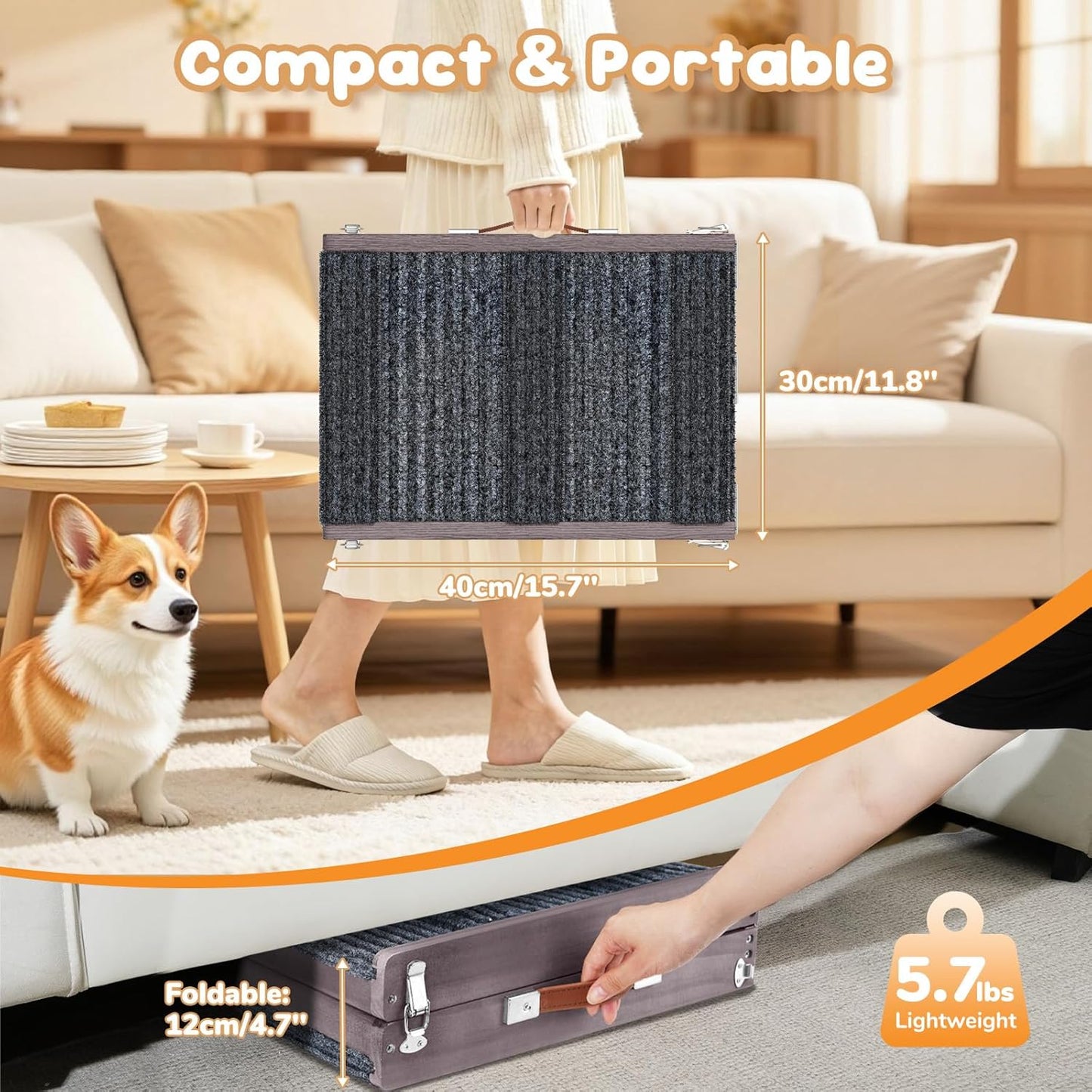 Pawaboo Foldable Dog Ramp, Small Dog Ramp for Couch, 4 Adjustable Height from 13'' to 21", Stable Pet Steps with Non-Slip Pad, Portable Pet Ramps Use for Couch Sofa Stairs, Wood