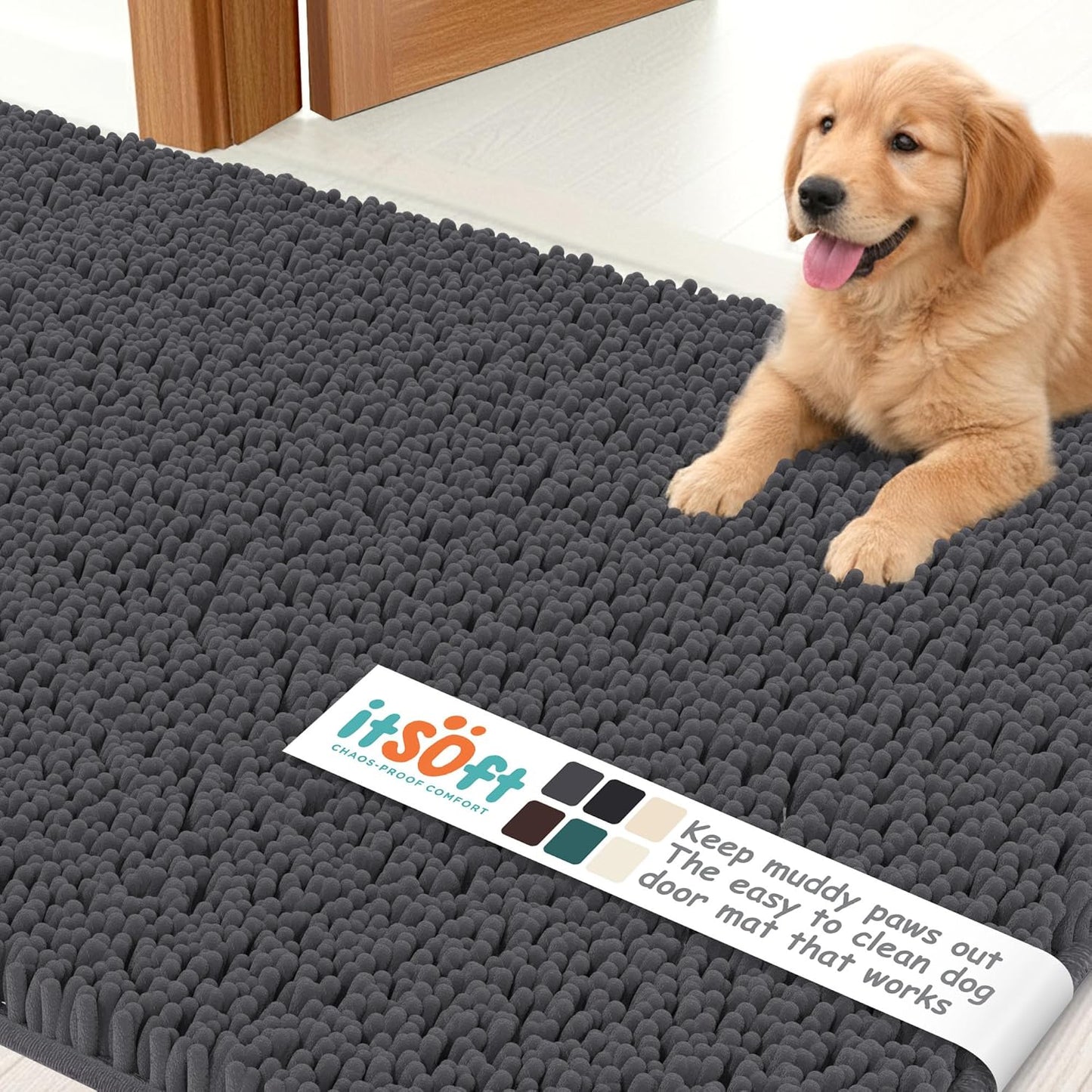 Dog Rugs for Muddy Paws 22x14 | Cleaner Mud Free Floors | Muddy Dogs Mats for Indoor, Dog Mat for Muddy Paws Door Mat Washable, Absorbent Chenille Mud Rug Paw Matt w/ Non Slip Backing, Charcoal Grey