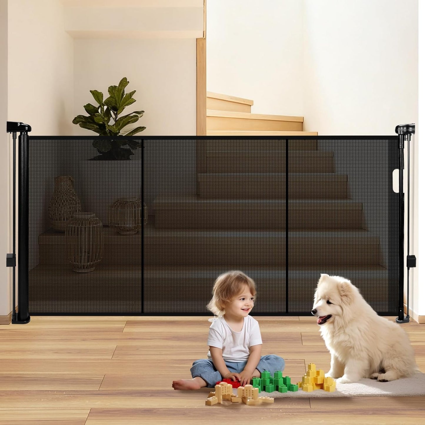 236" Retractable Baby Gate Extra Wide, 41" Tall Retractable Dog Gate for Stairs, Doorways, Decks, Mesh Gate Long Child Gate Pet Gate for Indoor, Outdoor, with Reinforced Mesh Rods, Dual Locks