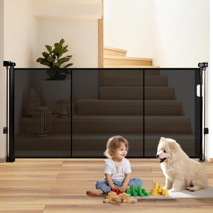 236" Retractable Baby Gate Extra Wide, 41" Tall Retractable Dog Gate for Stairs, Doorways, Decks, Mesh Gate Long Child Gate Pet Gate for Indoor, Outdoor, with Reinforced Mesh Rods, Dual Locks