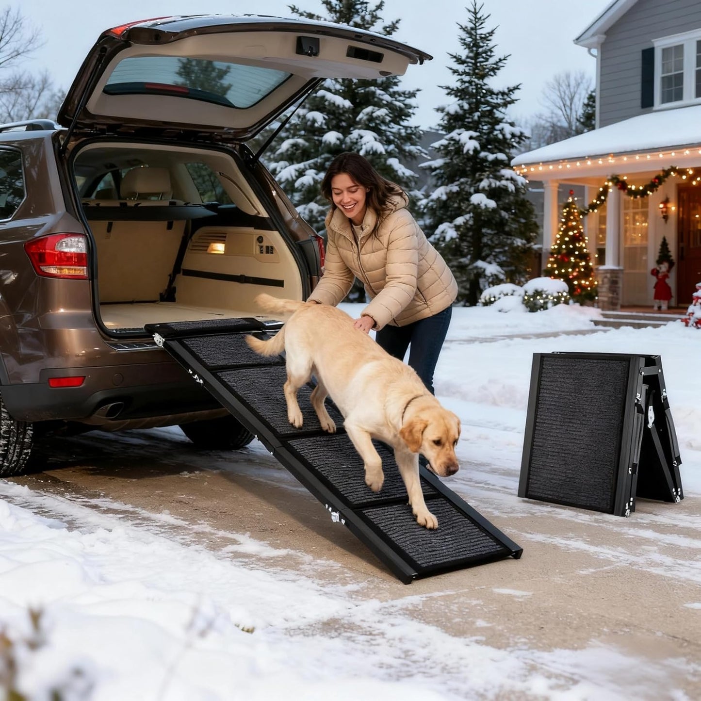 GarveeLife 63 in Long Dog Ramp for Cars, 20 in Wide Folding Pet Ramp for Large Dogs with Non-Slip Surface Portable Dog Car Ramp for SUV Car & Truck, Outdoor Dog Ramp Up to 250 LBS