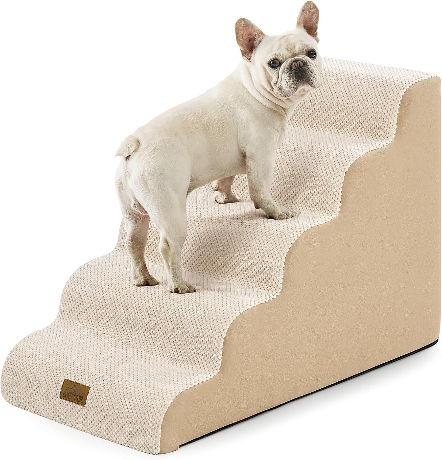 COZY KISS Extra Wide Dog Stairs with Tunnel, Foam Detachable Large Dog Step for Small Pet, Puppy or Cats, Medium Pet Ramp for High Bed, Couch, Sofa or Car, 19.7x33x22.4 inch, 5 Step, Beige