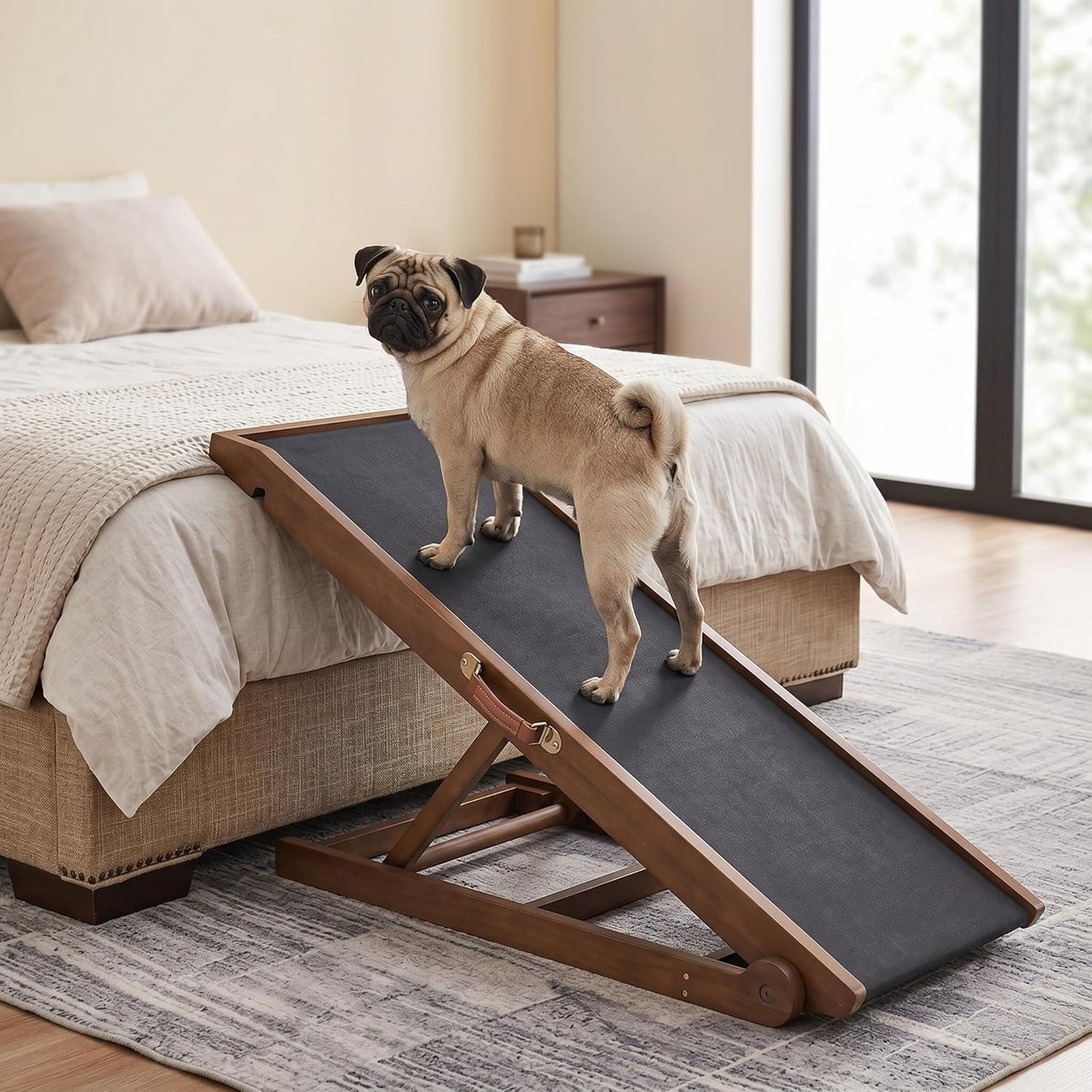 Dog Ramp for Bed, Adjustable Pet Ramps for Dog to Get on Bed, Non-Slip Rubber Surface - Folding Wooden Dog Ramp for Small/Large/Old Dogs, Adjustable up to 27.5 inch High Beds, Safety Railings