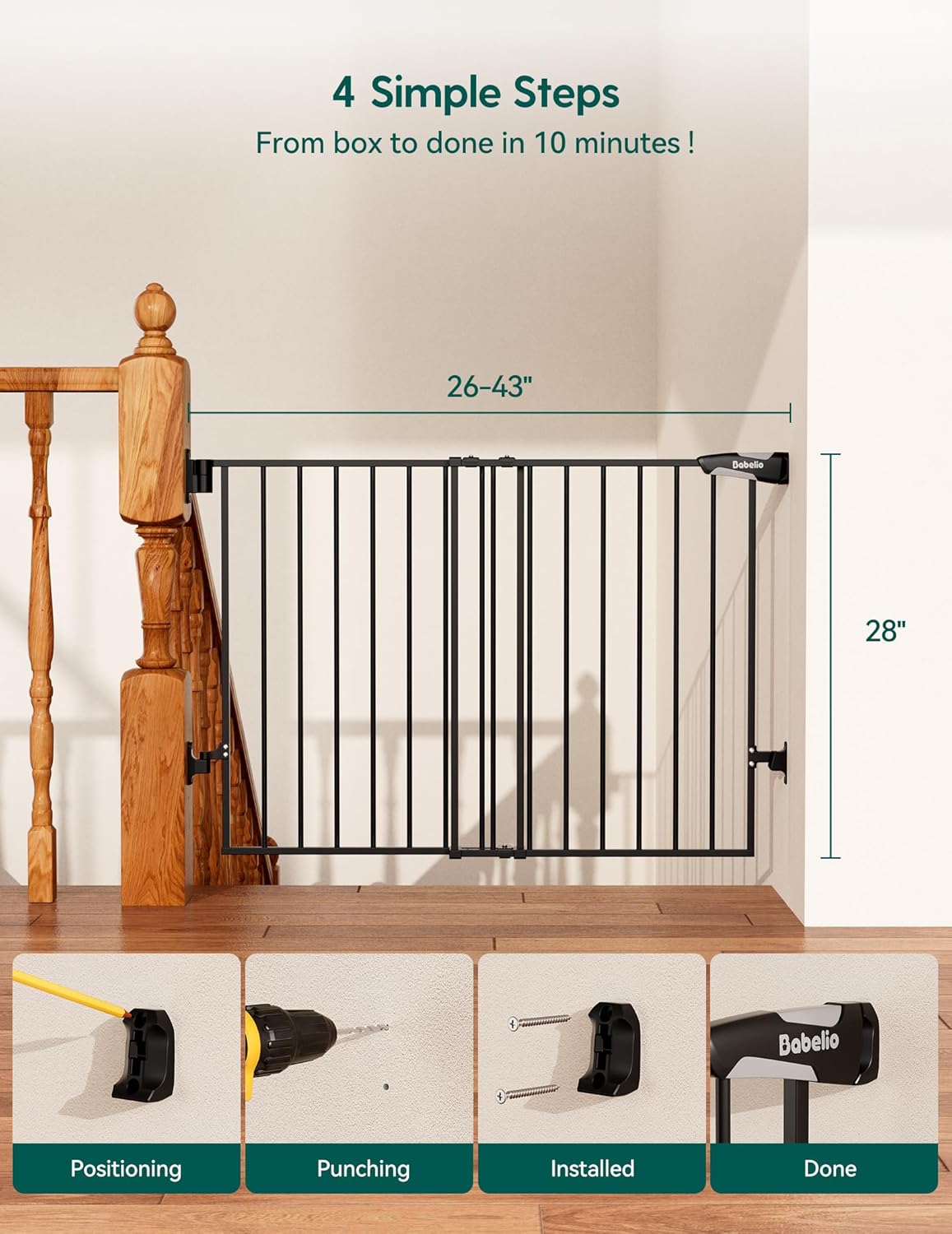 Babelio Baby Gate for Stairs, Kitchen & Doorways, 26-43" W 28" H No Bottom Bar| Easy Installation| One-Handed Operation| Auto-Close| Hardware Mount (Drill Needed) Safety Dog/Pet Gate Indoor (White)