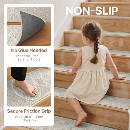 sarben Non Slip Stair Treads for Wooden Steps 15PCS - 8"x30" Indoor Safety Carpet, Edging Mats with TPE Adhesive Backing, Pet and Elderly Friendly Stair Rugs (Taupe) - Colors B