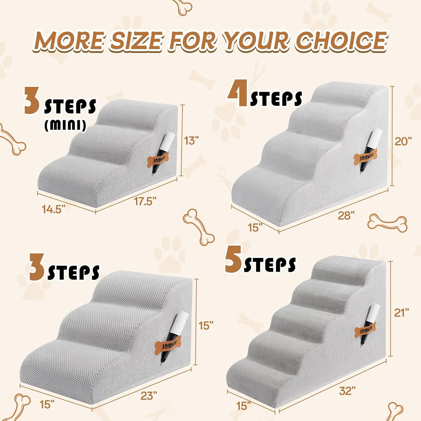 Romrol Dog Stairs Ramp for High Beds Couches, High Density Foam Pet Steps with Durable Non-Slip Waterproof Fabric Cover, Dog Stairs for Small Dogs or Cats or Pets, 5-Step, 22 Inch, Grey