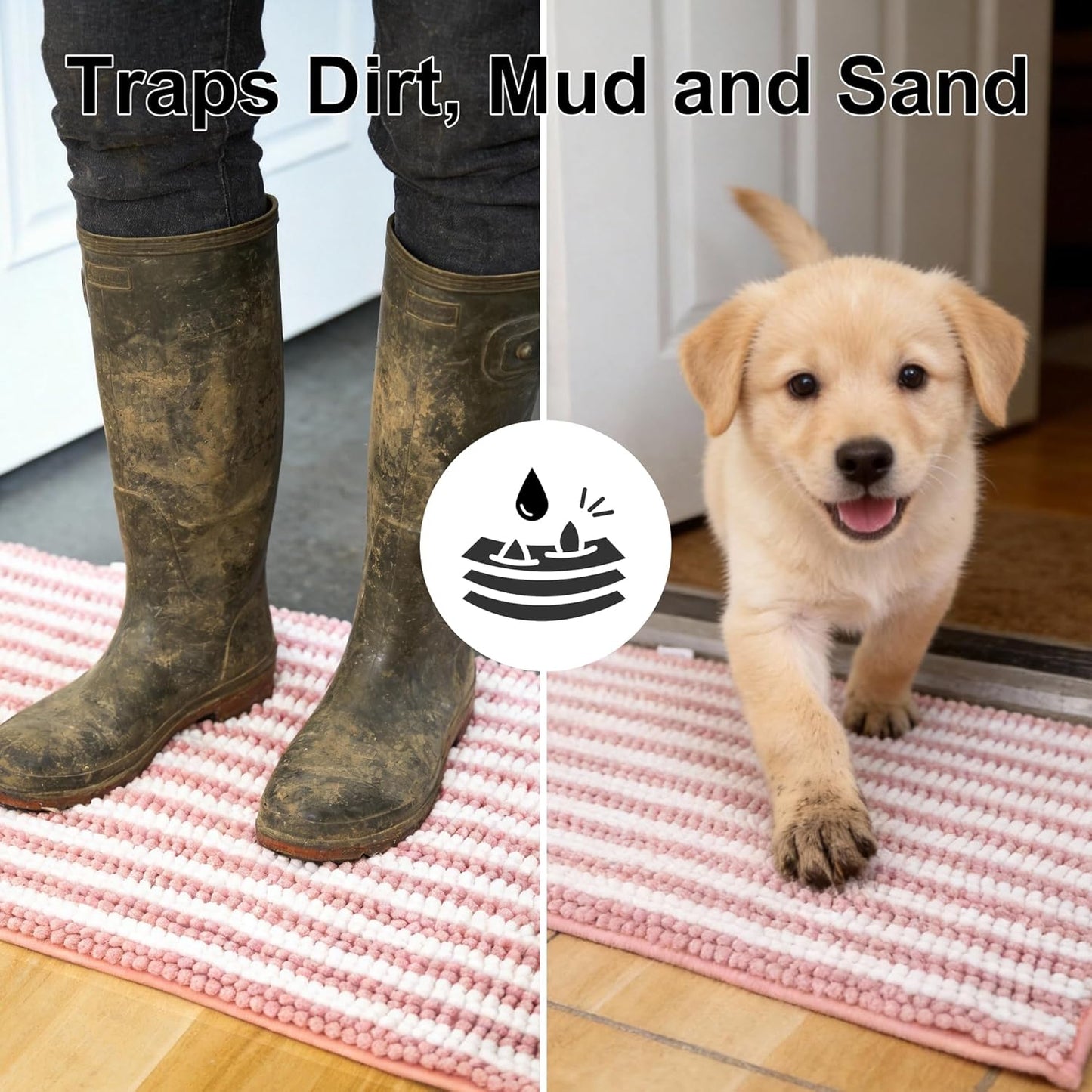 pobopobo Dog Door Mat for Muddy Paws - Absorbent & Washable Chenille Rug, Non-Slip Dirt Trapper for Indoor Outdoor Entryway, Quick Dry Pet Mat for Muddy Dogs (Striped Gray-Blue&White, 24" x 16")