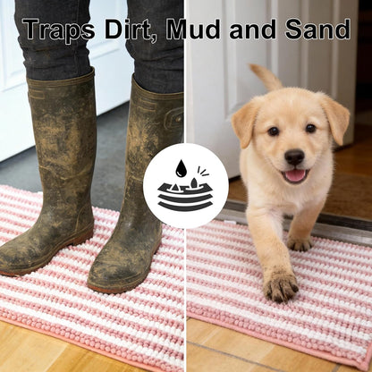 pobopobo Dog Door Mat for Muddy Paws - Absorbent & Washable Chenille Rug, Non-Slip Dirt Trapper for Indoor Outdoor Entryway, Quick Dry Pet Mat for Muddy Dogs (Striped Gray-Blue&White, 24" x 16")