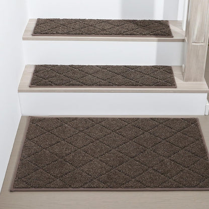 COSY HOMEER Edging Stair Treads Non-Slip Carpet Mat 28inX9in Indoor Stair Runners for Wooden Steps, Edging Stair Rugs for Kids and Dogs, 100% Polyester TPE Backing (7pc, Beige)