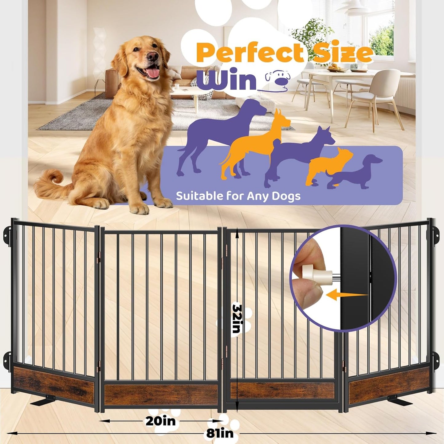 Freestanding Short Dog Gate, 16" Tall Pet Gate Indoor with Support Feet Easily Step Over, 4 Panel Metal Wood Foldable Pet Dog Gate, Up to 48" Wide Puppy Fence, Puppy Gate for for Doorway&Hallway Black