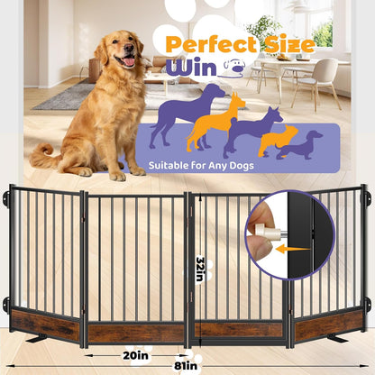 Freestanding Short Dog Gate, 16" Tall Pet Gate Indoor with Support Feet Easily Step Over, 4 Panel Metal Wood Foldable Pet Dog Gate, Up to 48" Wide Puppy Fence, Puppy Gate for for Doorway&Hallway Black