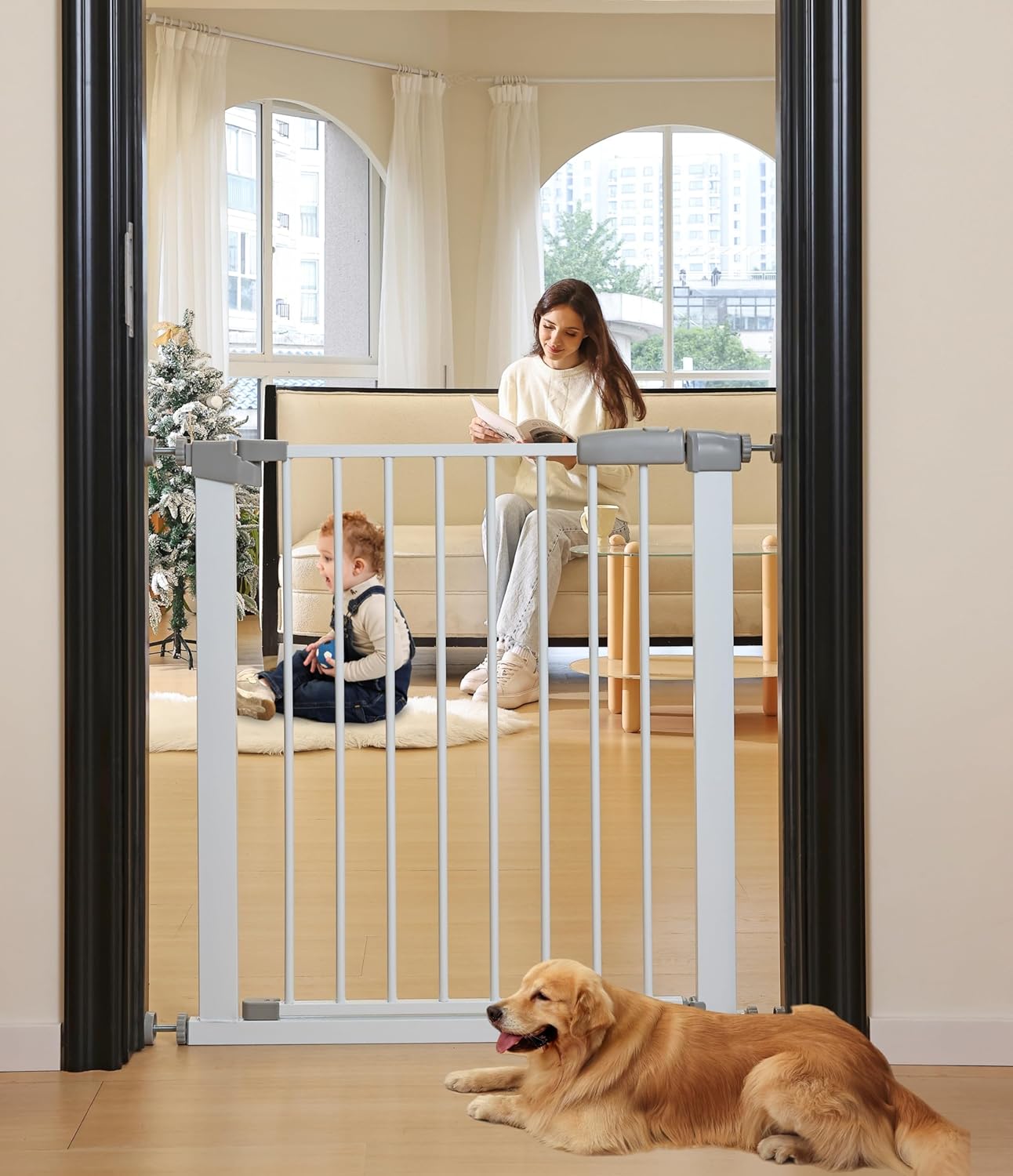 44.72"-46.89" Baby and Pet Safety Gate, 30" Tall Metal Walk-Thru Gate for Doorways & Stairs, Easy One-Hand Open, Dual Lock, Extensions & Wall Mounts Included (Brown, 29"-46" W x 30.5“H)