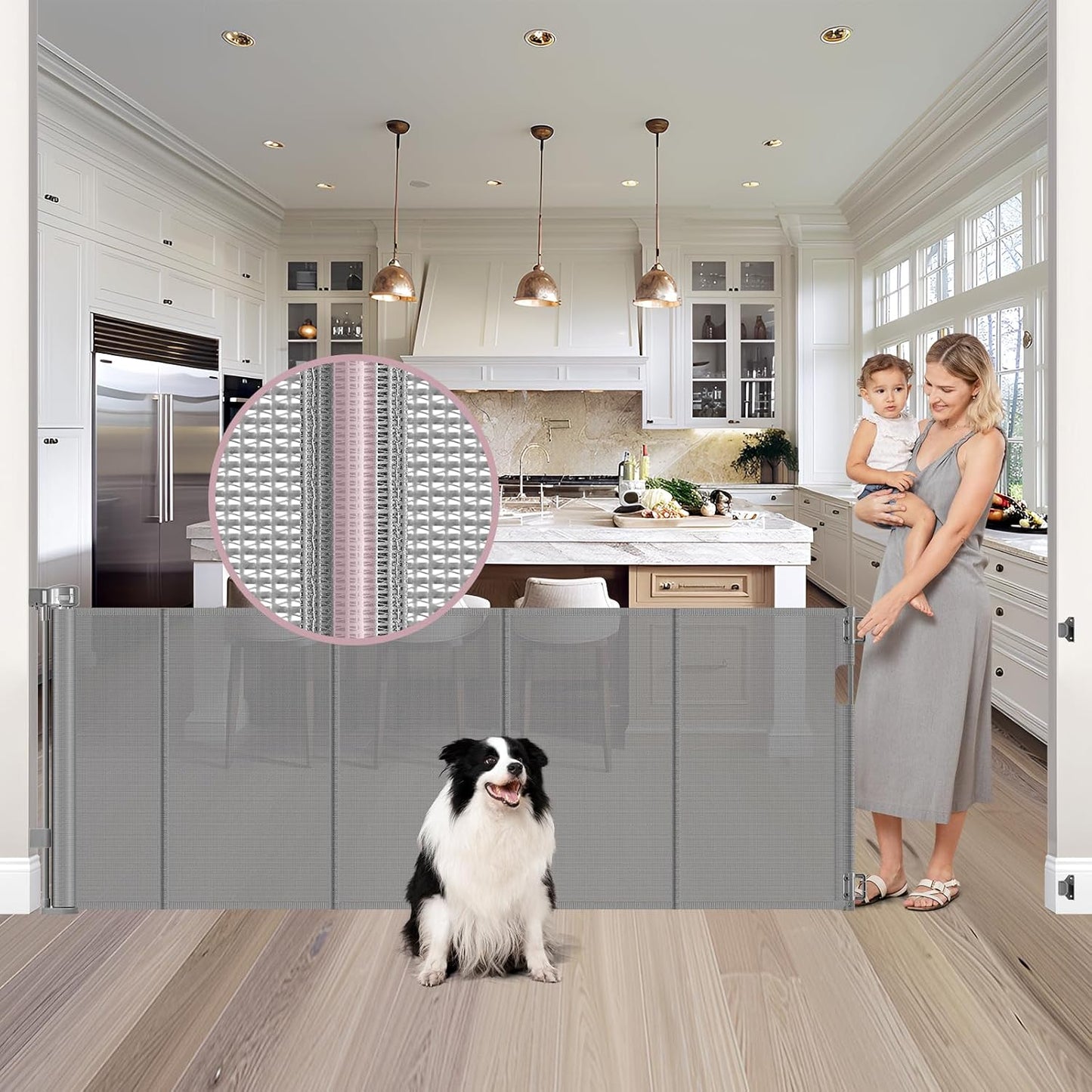 Reinforced 56" Wide Retractable Baby Gates for Doorways with Support Rods - Prevent Crawling Under Retractable Gate, Mesh Pet Gate for Stairs Retractable Dog Gates for The House Indoor/Outdoor, Black