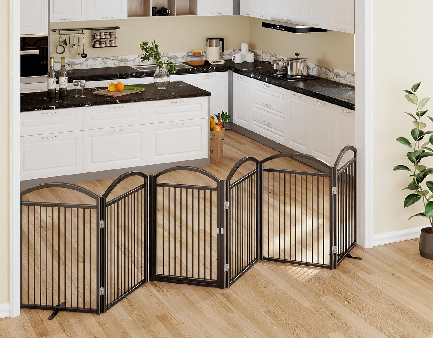 Folding No-Assembly Freestanding Dog Gate with Door,32" Heights Foldable Pet Fence,144" Extra Wide Accordion Puppy Folding Playpen for Doorways,House,Stairs (6 Panels,White)