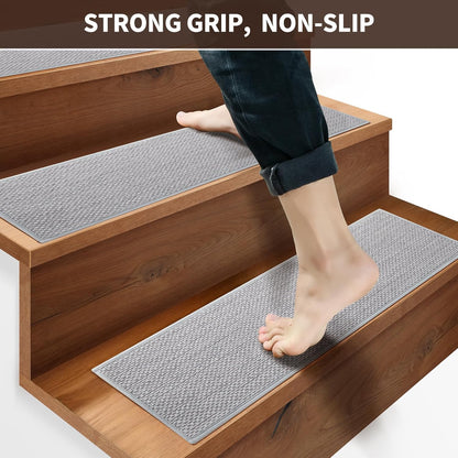 GROWLING Linen Stair Treads for Wooden Steps Indoor 30x8 inch, 15pcs Upgraded Self Adhesive Backing Non Slip Stair Carpets, Peel and Stick Stair Runner Rugs, Reusable Staircase Step Treads(Brown)
