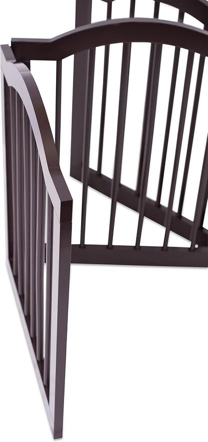 INTERNET'S BEST Arched Top Dog Gate | 4 Panel, 24" H Wooden Pet Barrier for Dogs or Cats | Freestanding Folding Room Divider for Doorways, Hallways, Stairs, and Porch | Portable, Extra Wide | Espresso